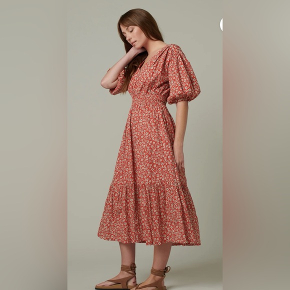 Joe's Jeans Dresses & Skirts - *NWT* Joe's Jeans The Lindsey Floral Red Puff Sleeve Midi Dress Organic Cotton